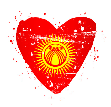 Updated flag of Kyrgyzstan in the shape of a large red heart painted with a hand brush. Red canvas with a round golden sun and 40 rays in the center. Inside the solar disk is a tundyuk - a Kyrgyz yurt. Vector illustration.