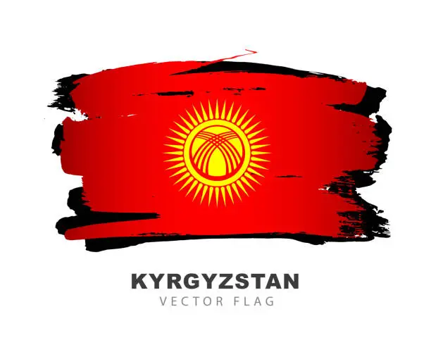 Vector illustration of Updated Kyrgyz flag is hand-drawn. Red canvas with a round golden sun and 40 rays in the center. Inside the solar disk is a tundyuk - a Kyrgyz yurt