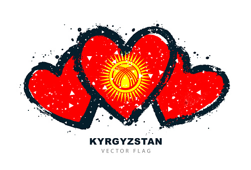 New Kyrgyz flag in the shape of three hearts is hand-painted. Red canvas with a round golden sun and 40 rays in the center. Inside the solar disk is a tundyuk - a Kyrgyz yurt. Vector illustration.