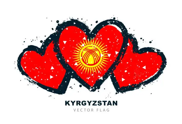 Vector illustration of New Kyrgyz flag in the shape of three hearts is hand-painted. Red canvas with a round golden sun and 40 rays in the center.