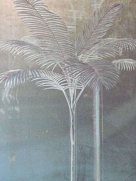 Abstract luxury art background with tropical palm leaves in blue and green colors with golden art line style.