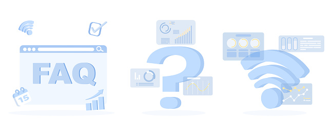 Frequently asked questions symbols and characters set. Ask questions, answer, analysis, survey, problem solving, support, explore, share and exchange information for business development.
