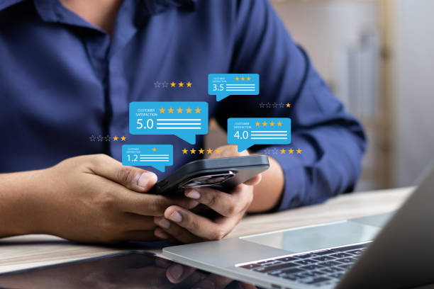 istock Online customer satisfaction Survey service concept, client rate service from experience in application,Consumer give five-Stars and feedback review for quality, Business reputation ranking from buyer 1901591499