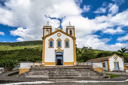 Ribeirao, Brazil - Dec 23, 2023: Nossa Senhora da Lapa Church, acorian architecture, historical heritage, founded in 1806 in the district of Ribeirao da Ilha, Florianopolis, Santa Catarina in Brazil