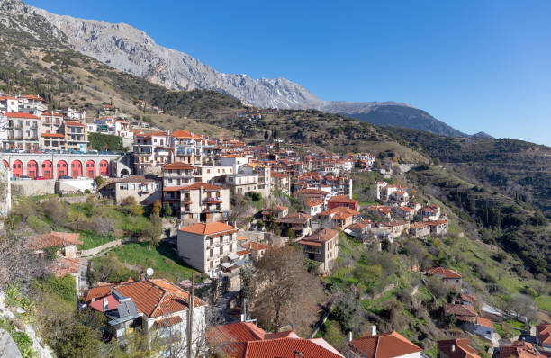 The resort town of Arachova, Boeotia, Greece Arachova is a mountain town in the western part of Boeotia. It is a tourist destination due to its location in the mountains, its traditions and its proximity to the town of Delphi. arachova greece stock pictures, royalty-free photos & images