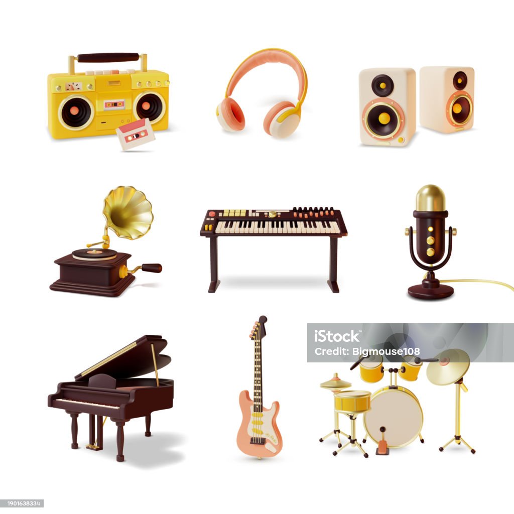 Simple Instruments Cartoon 3d Musical Instrument Set Cartoon Style Vector Stock Illustration ...