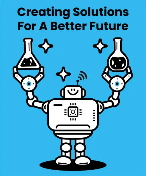 Vector illustration of The AI chemist, an artificial intelligence robot, holding laboratory flasks, AI can help create solutions for a better future