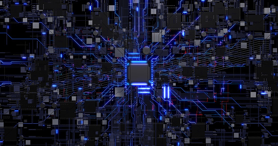 High Tech CPU Processing Data. Signals from the chip are flowing. Computer And Technology Related 3D Illustration Render