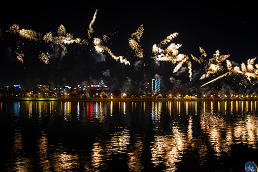 31.12.2023 Beautiful New Years firework over business district Belgrade Waterfront on the river Sava in Serbia.