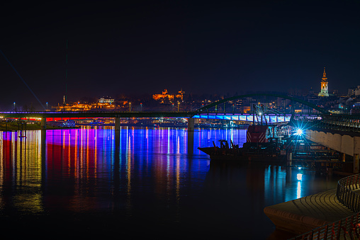 31.12.2023 Beautiful New Years firework over business district Belgrade Waterfront on the river Sava in Serbia.