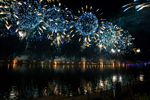 Beautiful gold and red firework explodes in night city sky above bridge. Pyrotechnic display. Copy space for your text. Holiday celebration theme.