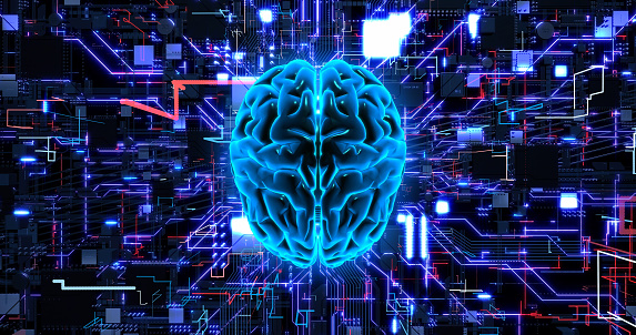 Innovations at the Intersection of AI, Computer Chips, and Technology. Digital Human Brain Symbolizing AI.