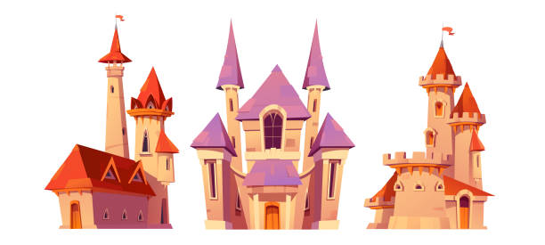 Fairy tale pink princess castle cartoon vector set Fairy tale pink princess castle cartoon vector set. Magic fairytale kingdom world tower for fantasy child story. Medieval royal mansion architecture png clipart icons isolated on white background cartoon palace stock illustrations