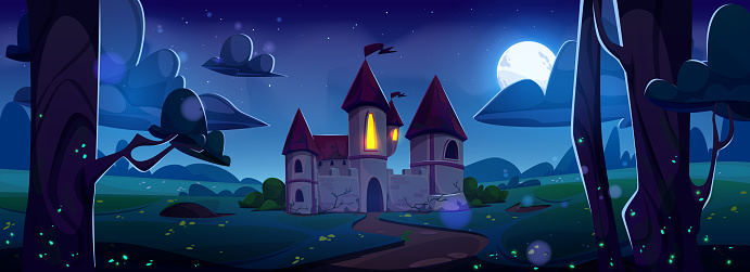 Medieval castle on night summer landscape. Vector cartoon illustration of fairytale kingdom, old royal palace with light in stone tower windows, moon glowing in starry sky, fantasy fireflies in meadow