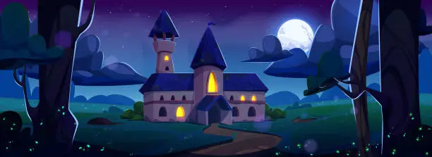 Vector illustration of Medieval fantasy castle night cartoon landscape