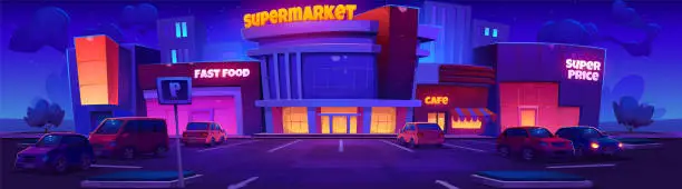 Vector illustration of Night supermarket parking exterior with signage