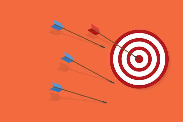 Vector illustration of Blue arrows missed hitting target and only red one hits the center. Business challenge failure and success concept.