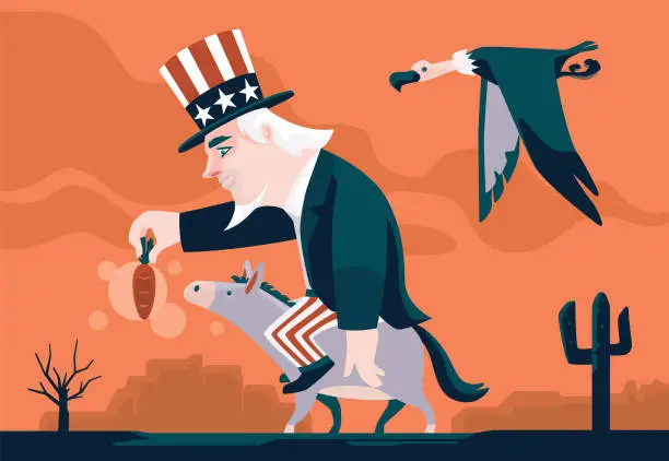 Vector illustration of Uncle Sam riding on donkey and holding carrot