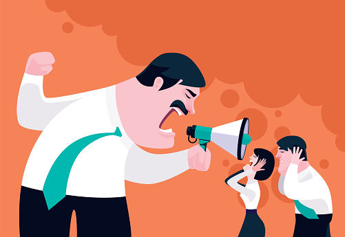 vector illustration of boss holding megaphone and blaming employees