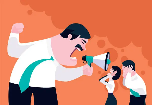 Vector illustration of boss holding megaphone and guiding employees
