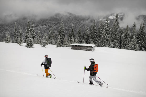 istock Two active skiers walking on ski along snowy trail with backpacks. Ski touring. 1901769272