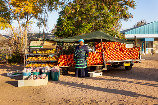 african street vendor in the village on the side of the road, selling fruits, oranges, bananas, peanuts, beans, monkey oranges, from the side of a small truck and a shelf.