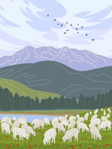 Vector illustration of Landscape with  Mountains,  River  and  Sheep Grazing on Lawn