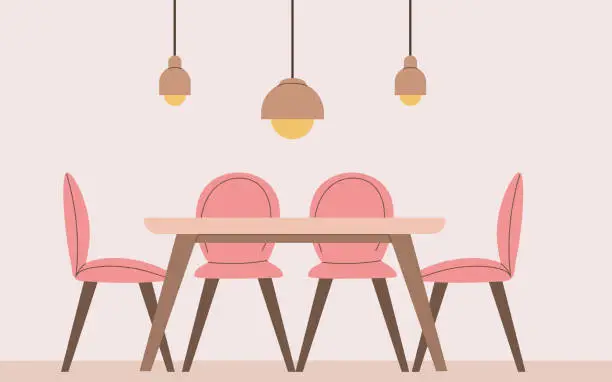 Vector illustration of a dining room table with pink chairs and lamps