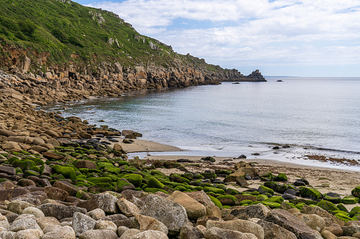 Celtic Sea Coast and cliffs at Lamorna Cove Beach, Cornwall, England, UK