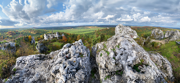 Chalk rock landscape of Polish Jurassic Highland or Polish Jura Jura Krakowsko-Częstochowska, is landscape of the Jurassic System of south–central Poland. Aerial view. panoramic