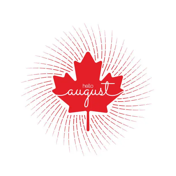 Vector illustration of Canadian concept, handwritten August month name with a red maple leaf. Hello August. August. Vector stock illustration.