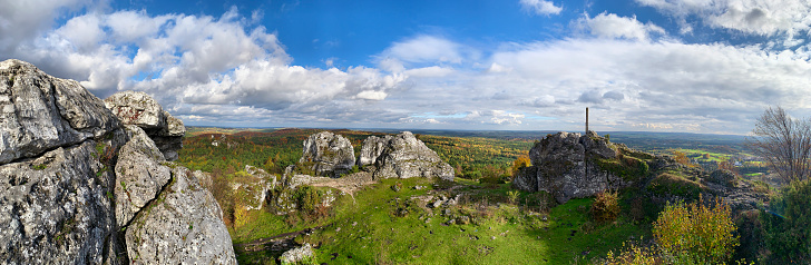 Chalk rock landscape of Polish Jurassic Highland or Polish Jura Jura Krakowsko-Częstochowska, is landscape of the Jurassic System of south–central Poland. Aerial view. panoramic