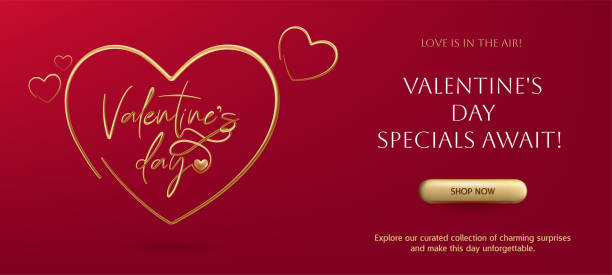 ilustrações de stock, clip art, desenhos animados e ícones de a happy valentine's day banner with golden lettering, in a heart shape creating a luxurious design. the realistic gold, on red background perfect for sale banners and promotion. not ai. - banner anniversary vector button