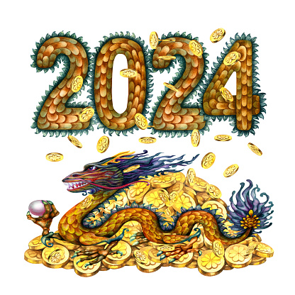 Watercolor green wooden dragon with magic pearl, numbers 2024 with dragon scales texture and gold coins with hand drawn clover. Lunar New Year symbol illustration elements isolated on white background.