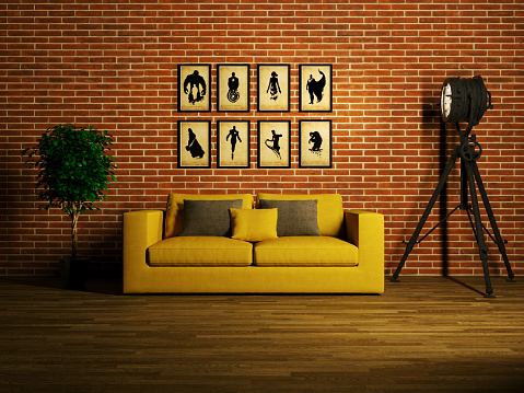 3D visualization of a sofa against a brick wall