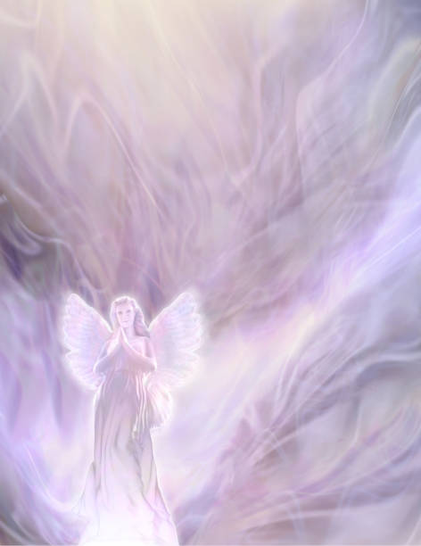 praying angel on flowing surreal energy field background with copy space for spiritual message