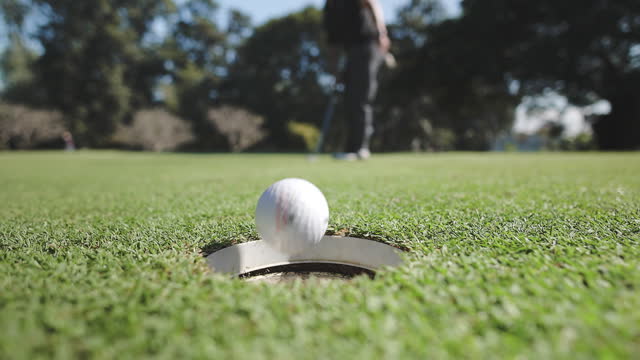 Skilled golf player putting ball into hole on green