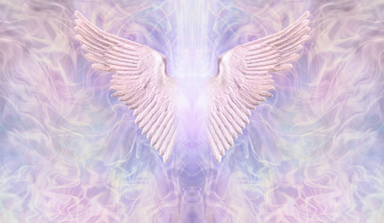 pair of wings with white light between against wispy lilac pink blue background and space for text either side