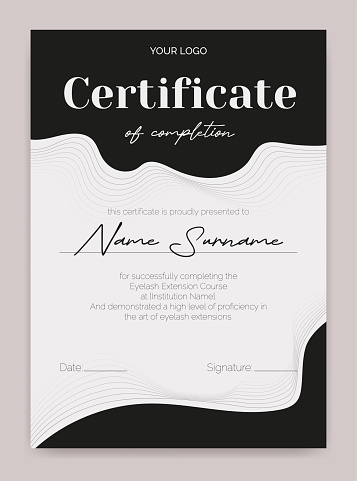 Black and white certificate template with a modern flowing design. Perfect for beauty education, eyelash, or makeup artists. Elegant and abstract, ideal for awards or educational achievements. Not AI.