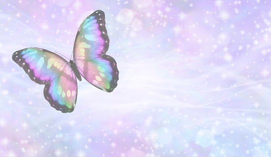 Pale blue pink waves and sparkles with a butterfly flying up and away and copy space for message