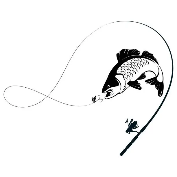 Vector illustration of The fish grabs the bait and rod