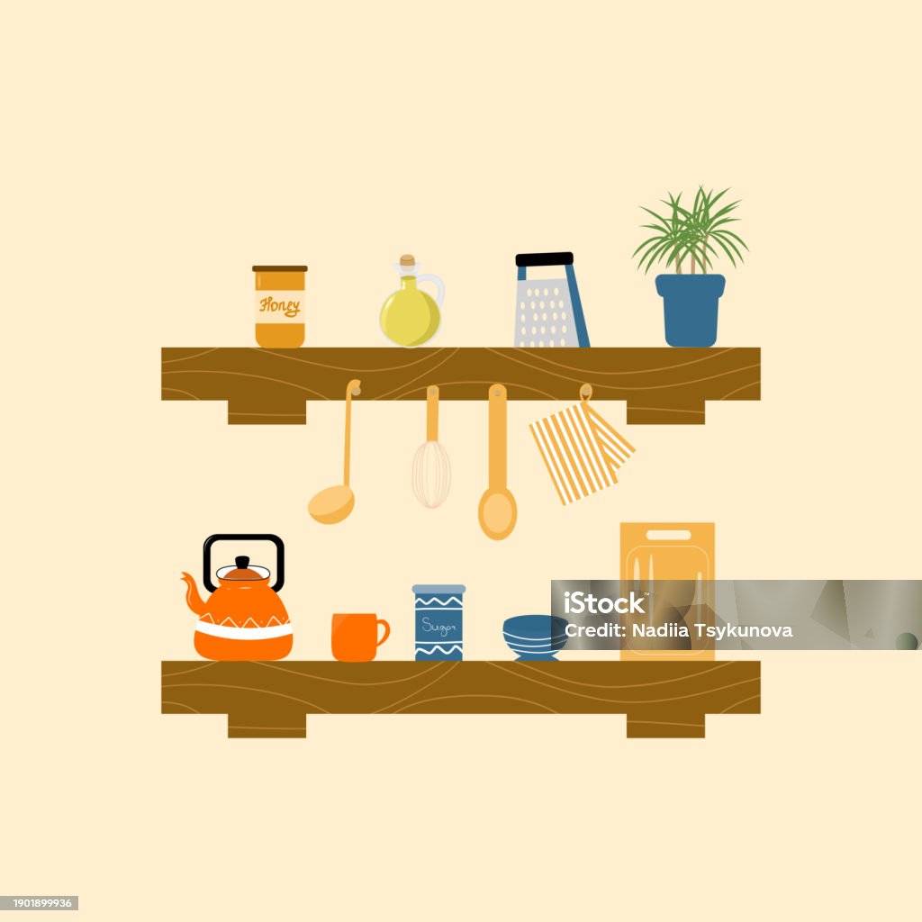 kitchen shelves print colourful kitchen decor,... Vector Illustration Of A Kitchen Shelves With Kitchenware Stock ...