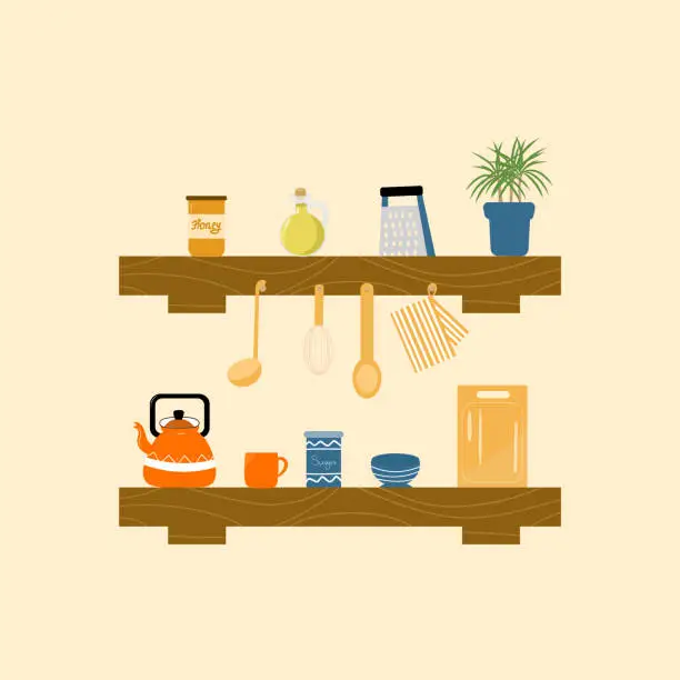 Vector illustration of Vector illustration of a kitchen shelves with kitchenware.