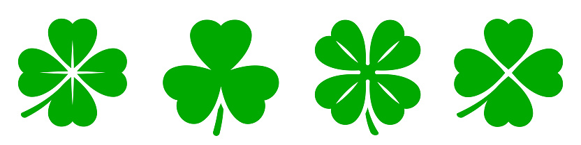 Luck four leaf clover icon set. Green shamrock, cloverleaf, luck, clover symbols. Leafs collection.