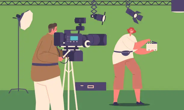 Vector illustration of Crew Characters with Clapperboard and Camera in A Film Studio, Engage in Movie Filming Process, Capturing Scenes