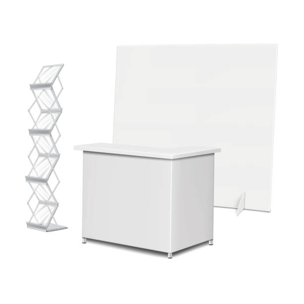 istock Trade show display kit vector mock-up. Expo set template. Tradeshow backdrop banner, exhibition table counter, brochure holder stand with clear shelves mockup 1901921067