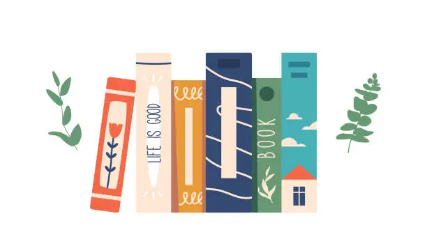 Vector illustration of Colorful Stacked Books Create A Literary Landscape, Their Spines Forming A Mosaic Of Knowledge. A Visual Feast