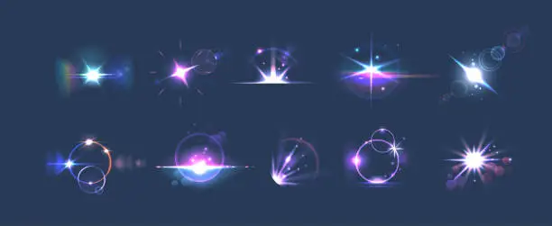 Vector illustration of Light Effects Collection Of Vibrant And Dynamic Visual Elements, Enhancing Design With Illuminating Glows, Lens Flares