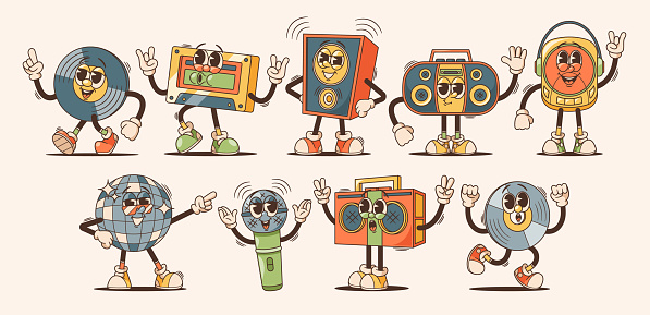 Audio Technique Characters in Cartoon Retro Style. Dynamics, Tape And Recorder, Microphone, Player and Disco Ball with Radio or Vinyl Disk, Funky Groovy Personages. Vector Illustration