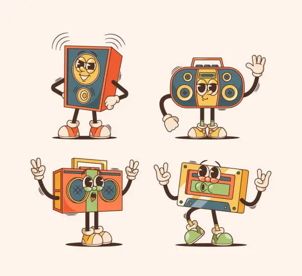 Vector illustration of Audio Technique Characters In Retro Cartoon Style. Playful, Vibrant, And Expressive Dynamics, Tape And Recorder
